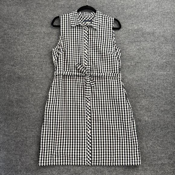 Tommy Hilfiger Dresses & Skirts - Tommy Hilfiger Plaid Button Up Shirtdress Sz 8 Black White Belted Preppy Pockets